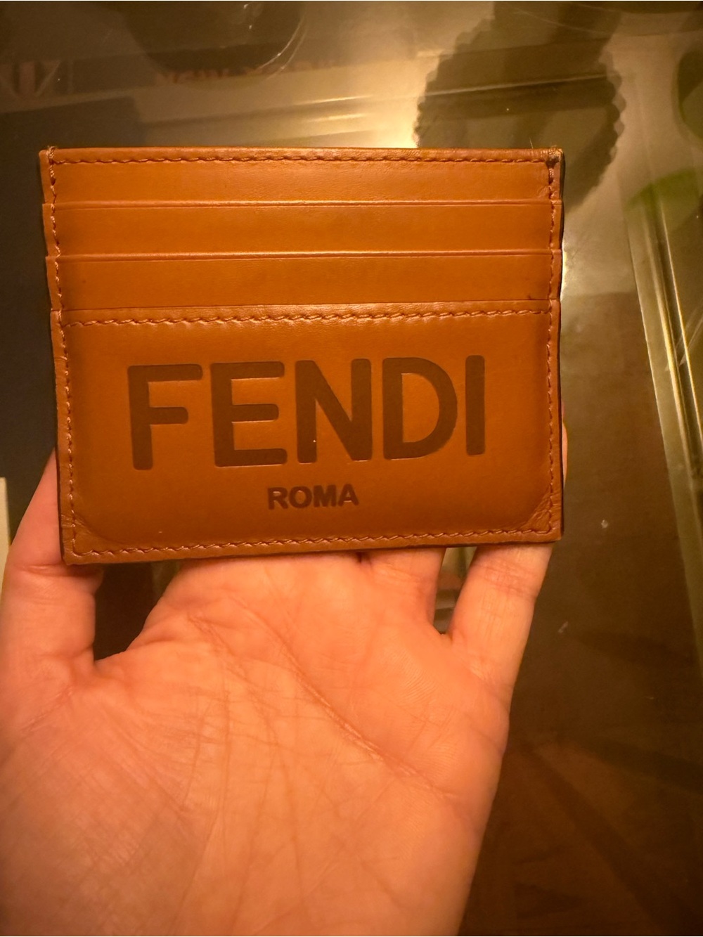 Fendi Roma Tan Leather Card Case with Logo